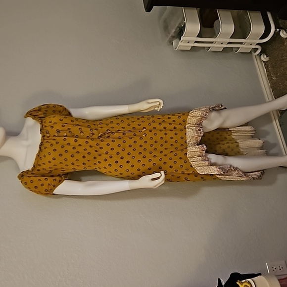 VTG Y2k Mustard Floral Ruffle Off Shoulder High-Low Prairie Boho Dress - Picture 2 of 8